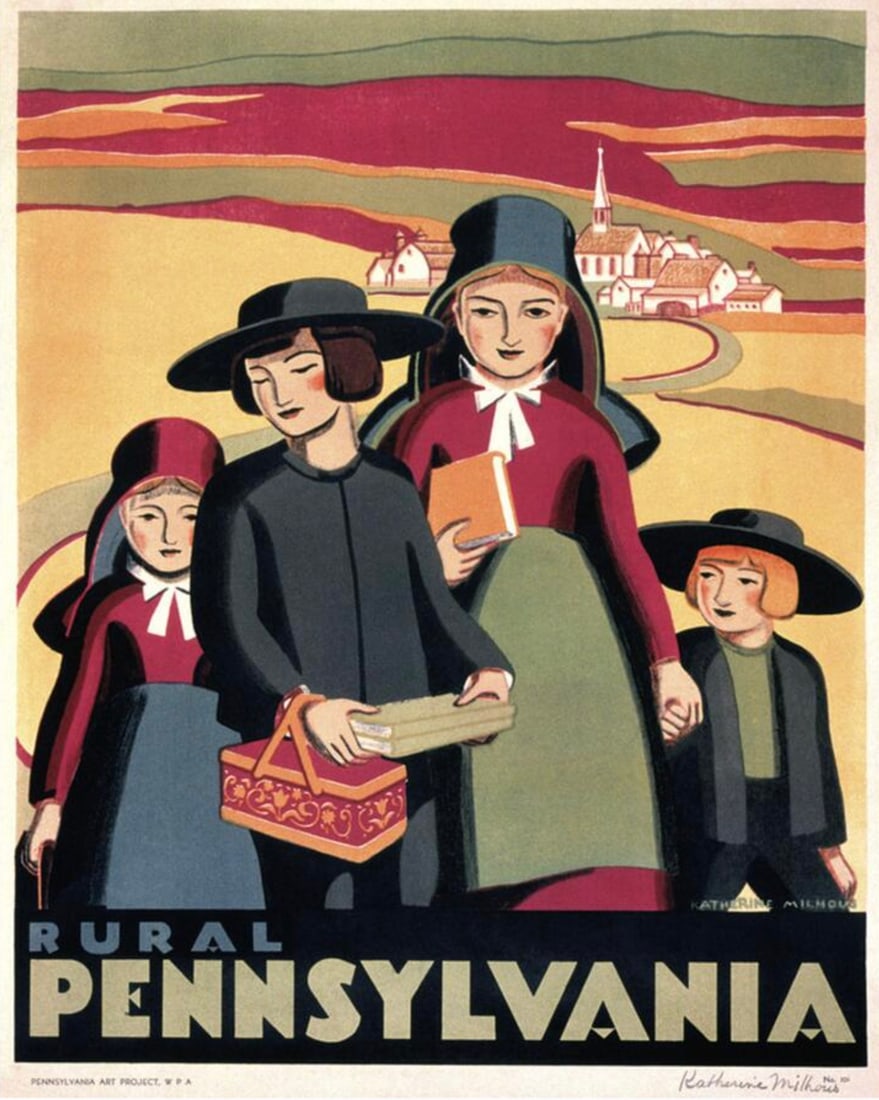 Katherine Milhouse (American, 1894-1977) Poster: Katherine Milhouse (American, 1894-1977) Poster. Rural Pennsylvania, "1936". Bonded to fabric. Plate marked. 29.00 x 36.75 inches. Please be aware that all lots in our auctions are sold "AS IS," in ac