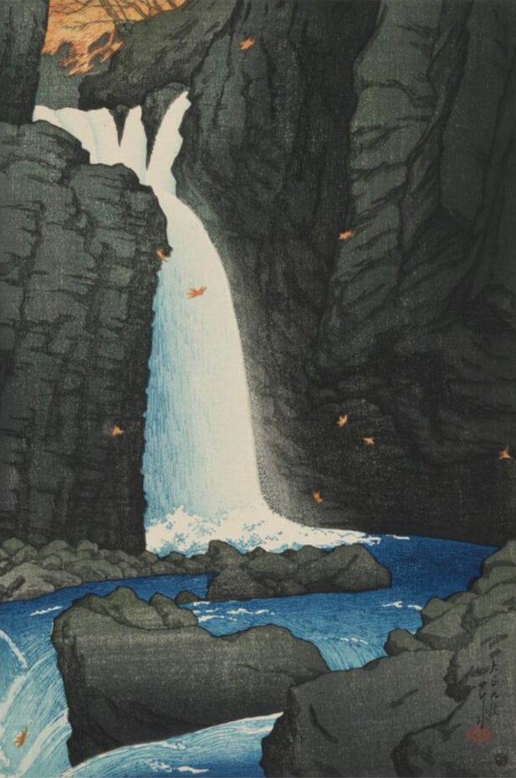 Kawase Hasui (Japanese, 1883-1957) Print: Kawase Hasui (Japanese, 1883-1957) Print. Yuhi Waterfall, Shiobara, "1920". Bonded to fabric. 25.00 x 35.50 inches. Please be aware that all lots in our auctions are sold "AS IS," in accordance with