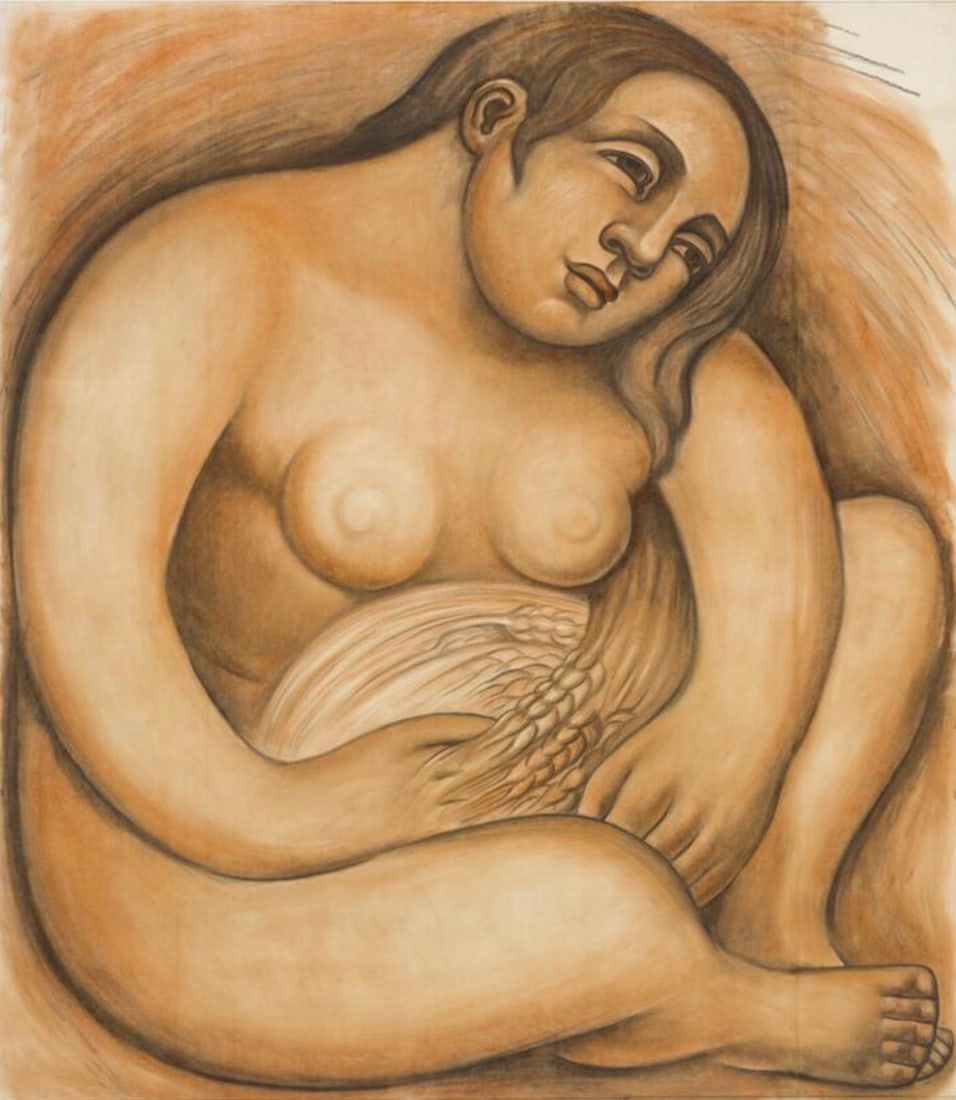 Diego Rivera (Mexican, 1886-1957) Print: Diego Rivera (Mexican, 1886-1957) Print. Woman Holding Grain, "1932". 37.00 x 40.00 inches. Please be aware that all lots in our auctions are sold "AS IS," in accordance with the Terms & Conditions