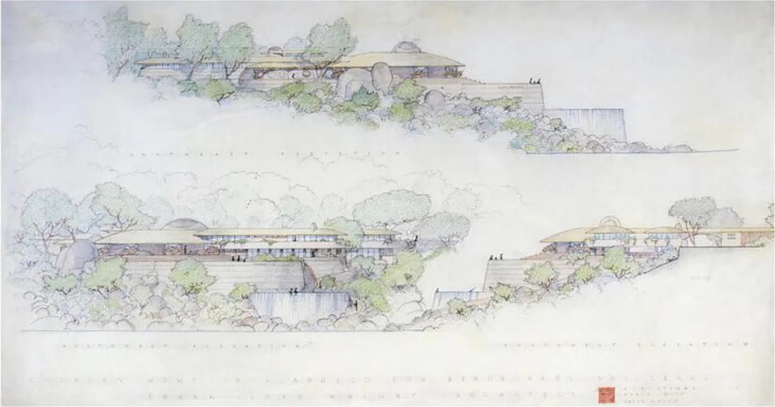 Frank Lloyd Wright (American, 1867-1959) Print: Acapulco, Mexico, "1952" Blueprint print. Bonded to fabric. Produced after original. 37.50 x 19.50 inches. Please be aware that all lots in our auctions are sold "AS IS," in accordance with the Terms