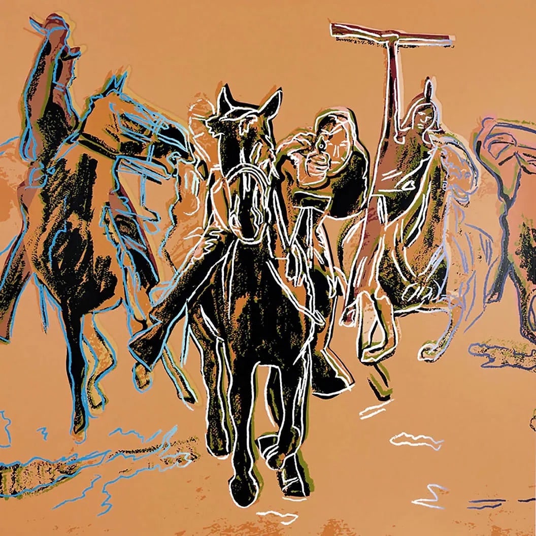 Andy Warhol (American, 1928-1987) Cowboys and Indians Silkscreen: Andy Warhol (American, 1928-1987) Cowboys and Indians, "1986" Silkscreen. FSIIB 375 (Trial Proof). 36.00 x 36.00 inches. Correct stamping on backside, with blindstamp. Please be aware that all lots