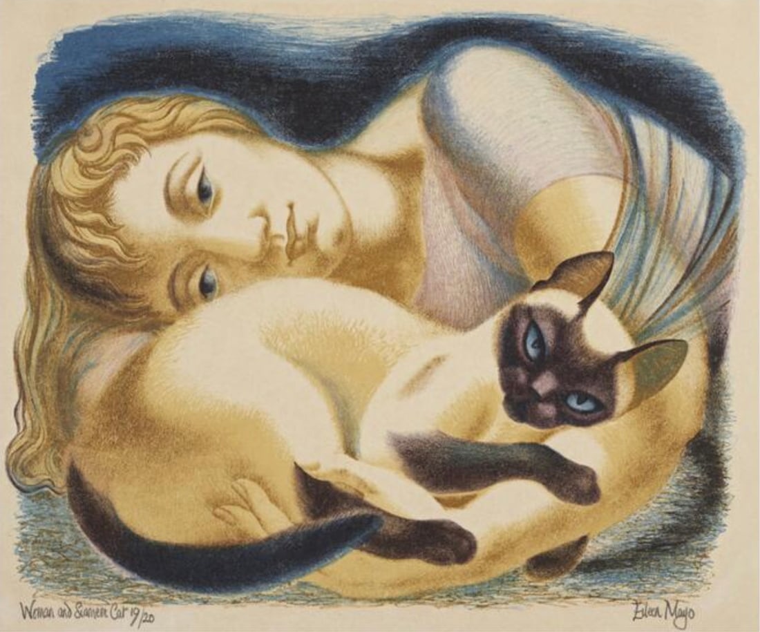Eileen Mayo (Australian-British, 1906-1994) Print: Eileen Mayo (Australian-British, 1906-1994) Print. Woman and Siamese Cat, "1952". 23.00 x 19.50 inches. Bonded to fabric. Plate marked. Please be aware that all lots in our auctions are sold "AS IS,"