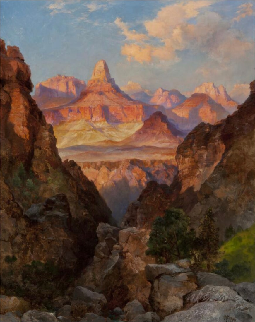 Thomas Moran (American, 1837-1926) Print: Thomas Moran (American, 1837-1926) Print. Zoroaster Temple at Sunset, "1916". 28.00 x 35.00 inches. Please be aware that all lots in our auctions are sold "AS IS," in accordance with the Terms & Condi