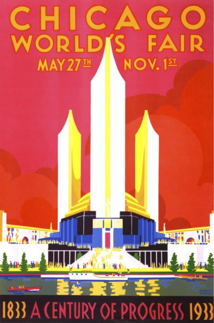 Weimer Pursell (American, 1906-1975) Print: Weimer Pursell (American, 1906-1975) Print Chicago's World Fair, "1933". Bonded to fabric. 24.50 x 36.50 inches. Please be aware that all lots in our auctions are sold "AS IS," in accordance with the