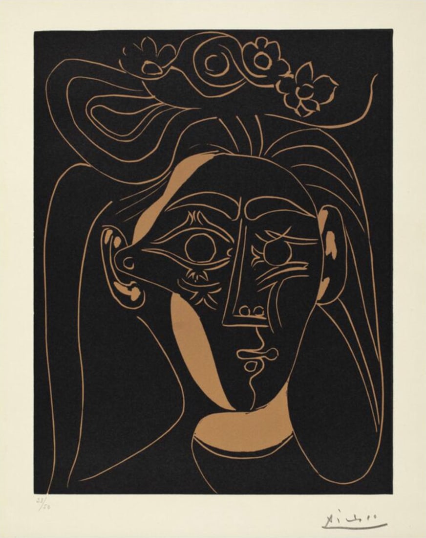 Pablo Picasso (Spanish, 1881-1973) Print: Pablo Picasso (Spanish, 1881-1973) Print. Jacqueline au Chapeau a Fleurs, "1962". 28.75 x 35.00 inches. Bonded to fabric. Plate marked. Please be aware that all lots in our auctions are sold "AS IS,"