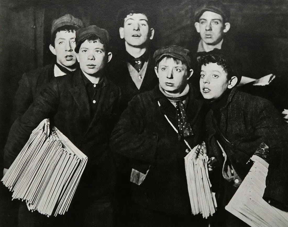 Lewis Hine (American, 1874 - 1940) Print: Lewis Hine (American, 1874 - 1940) Print. Group of newsies, Brooklyn Bridge, "1908". Printed in 1979. 11.80 x 9.30 inches. Please be aware that all lots in our auctions are sold "AS IS," in accordance