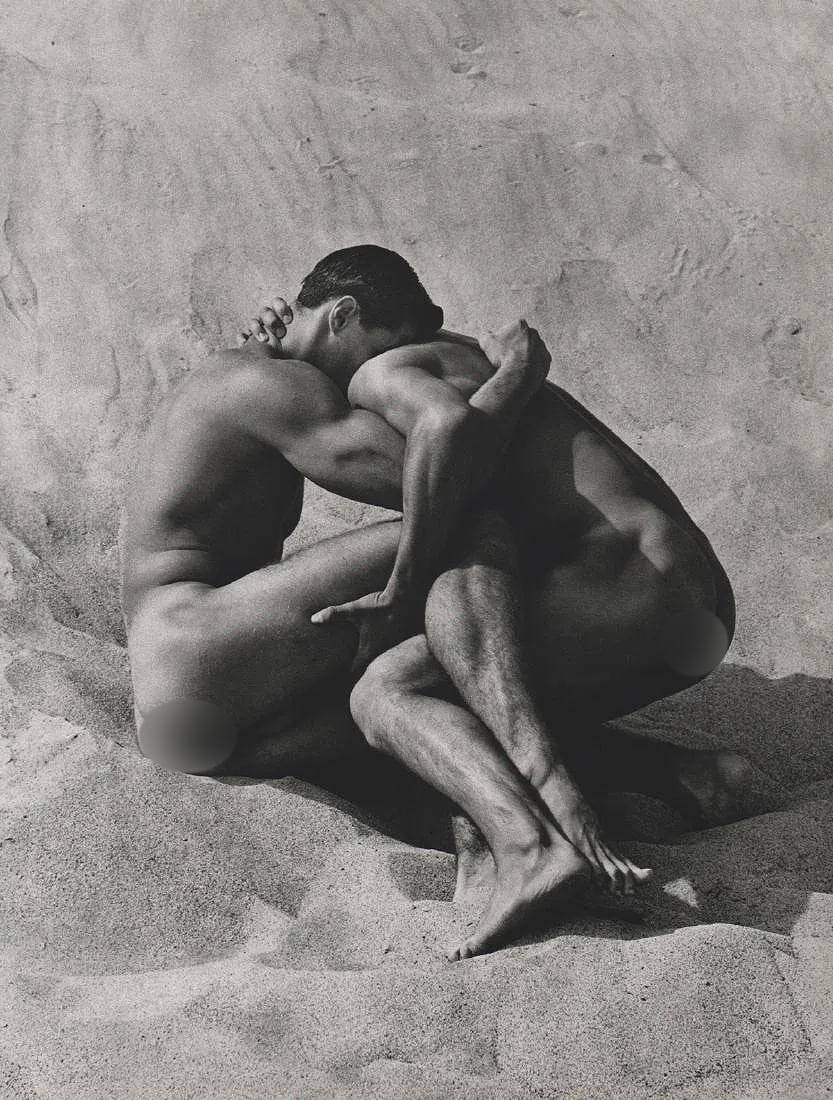 Herb Ritts (American, 1952-2002) Print: Herb Ritts (American, 1952-2002) Print. Brian and Tony in sand, Paradise Cove, "1986". Printed in 1988. 10.50 x 13.50 inches. Please be aware that all lots in our auctions are sold "AS IS," in