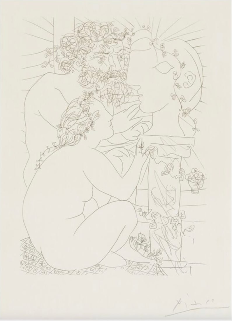 Pablo Picasso (Spanish, 1881-1973) Print: Pablo Picasso (Spanish, 1881-1973) Print. Sculptor and Model, "1933". 17.50 x 24.75 inches. Bonded to fabric. Plate marked. Please be aware that all lots in our auctions are sold "AS IS," in
