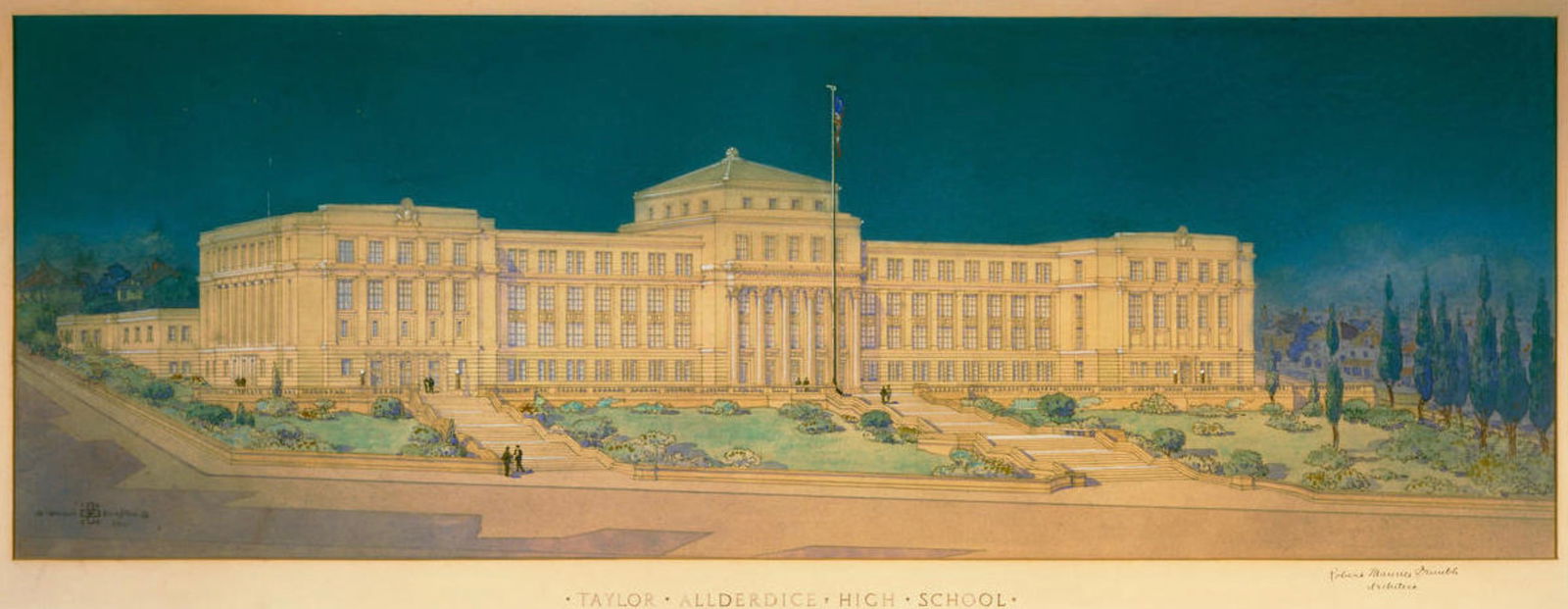 Robert Maurice Trimble (American, 1918-2000) Print: Robert Maurice Trimble (American, 1918-2000) Print. Taylor Allderdice High School, Pittsburgh, PA, "1924". Bonded to fabric. 21.50 x 8.50 inches. Please be aware that all lots in our auctions are sold