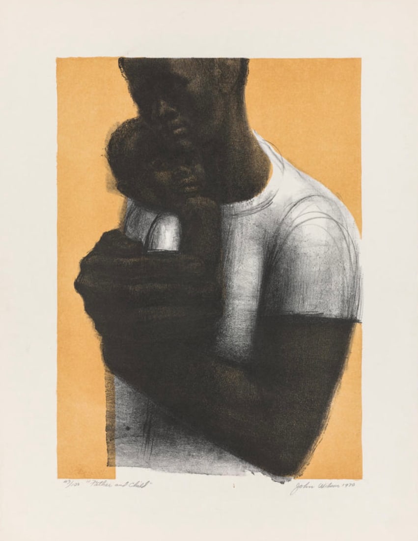 John Wilson (American, 1922-2015) Print: John Wilson (American, 1922-2015) Print. Father and Child, "1970". Plate marked. 22.00 x 28.00 inches. Bonded to fabric. Please be aware that all lots in our auctions are sold "AS IS," in accordance