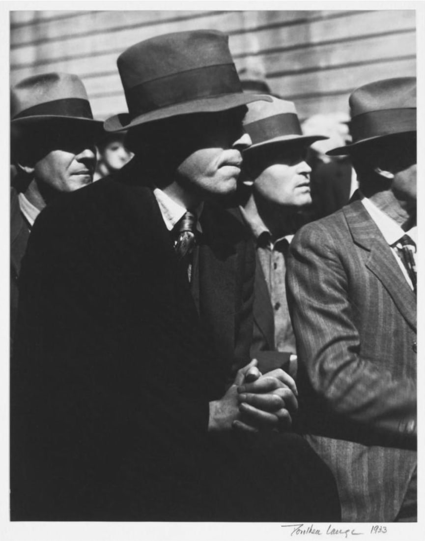 Dorothea Lange (American, 1895-1965) Print: Dorothea Lange (American, 1895-1965) Print. San Francisco Waterfront Strike, "1933". 17.00 x 21.00 inches. Bonded to fabric. Plate marked. Please be aware that all lots in our auctions are sold "AS IS