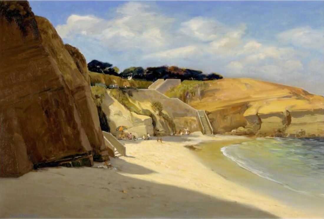 Alfred Richard Mitchell (American, 1888-1972) Print: Alfred Richard Mitchell (American, 1888-1972) Print. La Jolla Cove, "1950". 36.50 x 24.75 inches. Please be aware that all lots in our auctions are sold "AS IS," in accordance with the Terms & Conditi