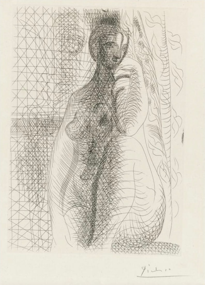 Pablo Picasso (Spanish, 1881-1973) Print: Pablo Picasso (Spanish, 1881-1973) Print. Femme nue a jambe pliee, "1931". 26.50 x 36.75 inches. Bonded to fabric. Plate marked. Please be aware that all lots in our auctions are sold "AS IS," in acco