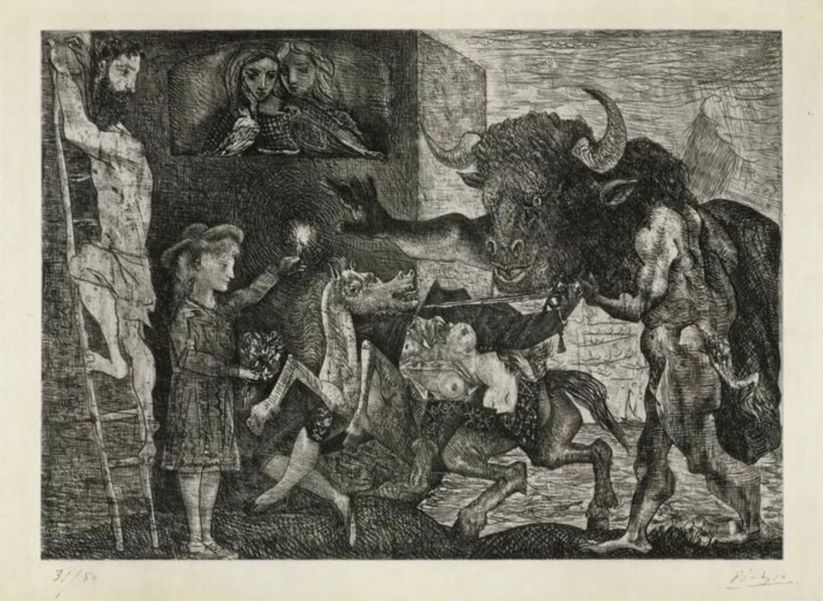 Pablo Picasso (Spanish, 1881-1973) Print: Pablo Picasso (Spanish, 1881-1973) Print. Minotauromachy, "1935". 36.50 x 27.50 inches. Bonded to fabric. Plate marked. Please be aware that all lots in our auctions are sold "AS IS," in accordance