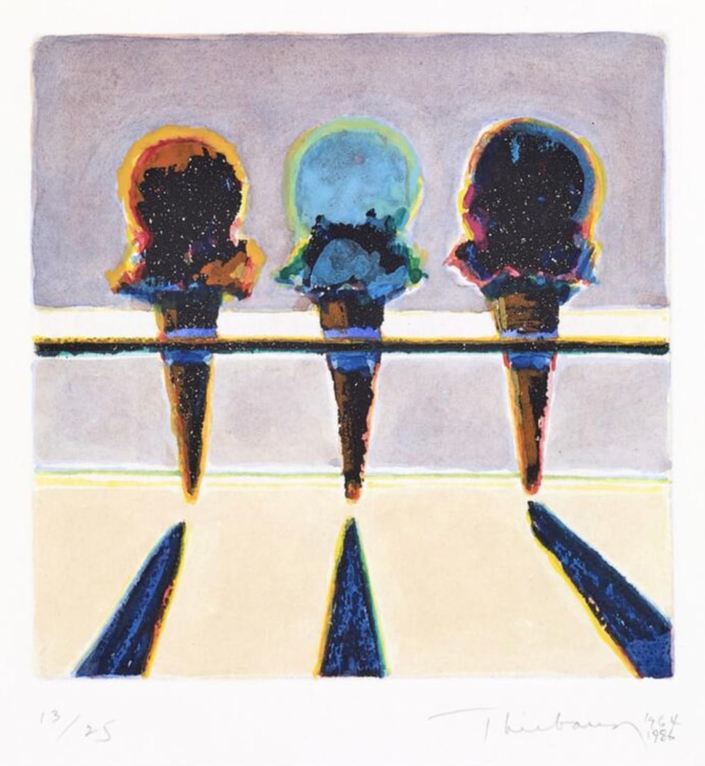 Wayne Thiebaud (American, 1920-2021) Print: Wayne Thiebaud (American, 1920-2021) Print. Three Ice Cream Cones, "1964". 19.50 x 21.25 inches. Bonded to fabric. Plate marked. Please be aware that all lots in our auctions are sold "AS IS," in