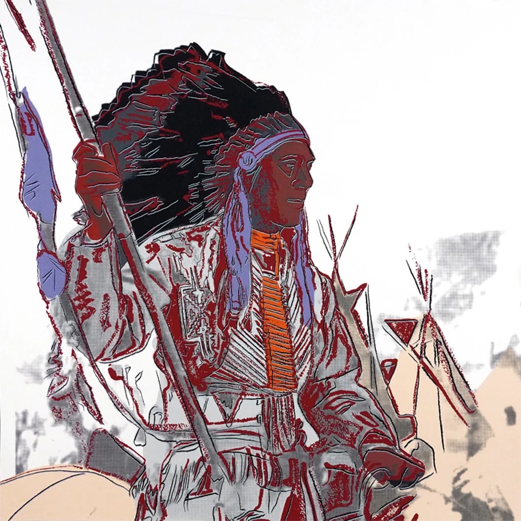 Andy Warhol (American, 1928-1987) Silkscreen: Andy Warhol (American, 1928-1987) Silkscreen. War Bonnet Indian, FSIBB 373, Cowboys and Indians, 1986. 36.00 x 36.00 inches. Stamping on Verso, Blindstamp. Please be aware that all lots in our auction