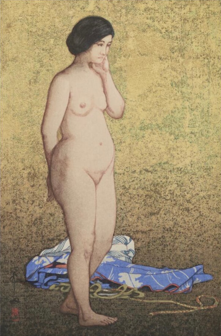 Hiroshi Yoshida (Japanese, 1876-1950) Print: Hiroshi Yoshida (Japanese, 1876-1950) Print. Nude, Shusaku, "1927". 16.50 x 25.00 inches. Bonded to fabric. Please be aware that all lots in our auctions are sold "AS IS," in accordance with the