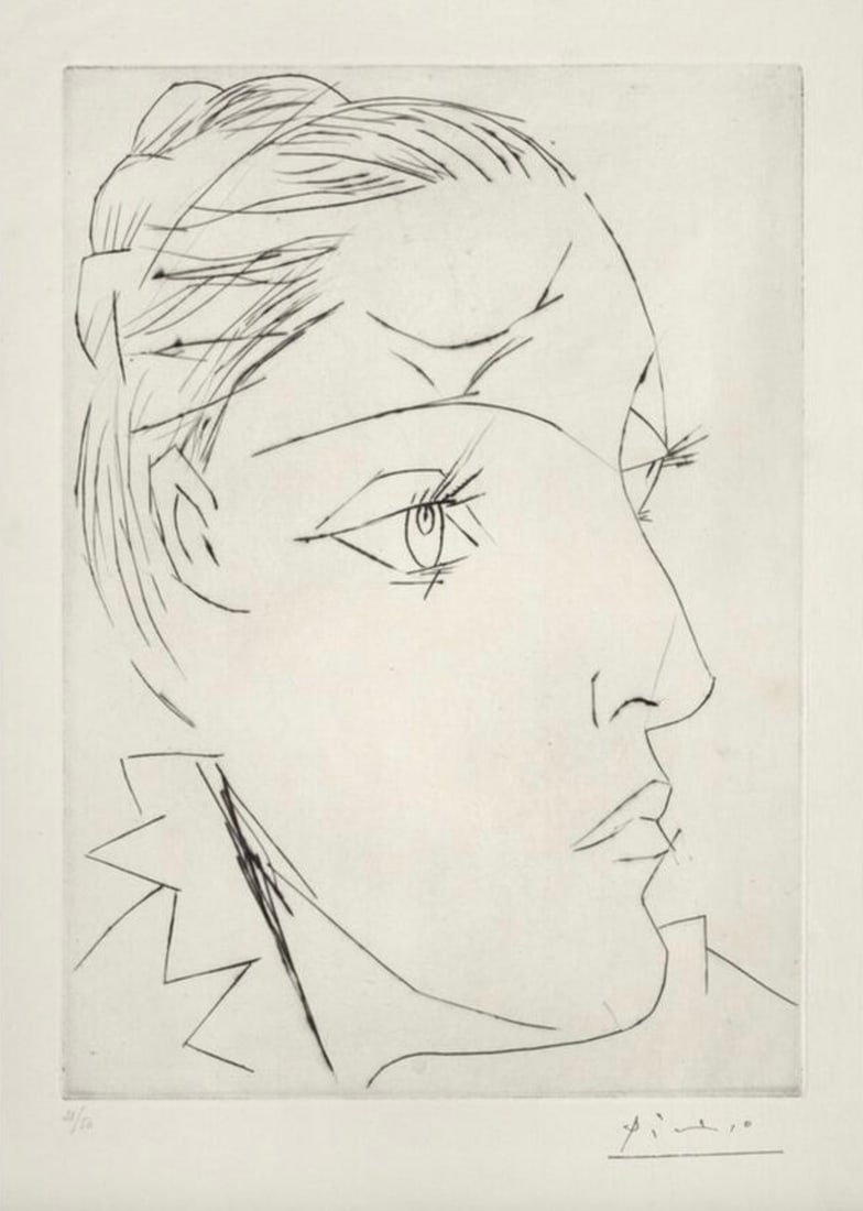 Pablo Picasso (Spanish, 1881-1973) Print: Pablo Picasso (Spanish, 1881-1973) Print. Portrait of Dora Maar in a Chignon, "1936". 18.25 x 25.00 inches. Bonded to fabric. Please be aware that all lots in our auctions are sold "AS IS," in accorda