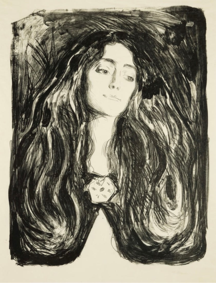 Edvard Munch (Norwegian, 1863-1944) Print: Edvard Munch (Norwegian, 1863-1944) Print. Madonna, "1903". Bonded to fabric. 16.25 x 21.00 inches. Please be aware that all lots in our auctions are sold "AS IS," in accordance with the Terms & Condi
