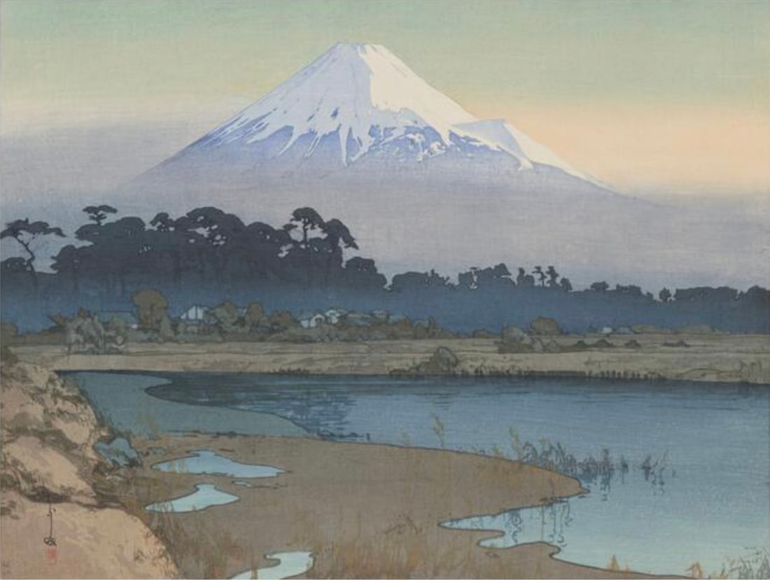 Hiroshi Yoshida (Japanese, 1876-1950) Print: Hiroshi Yoshida (Japanese, 1876-1950) Print. Fuji Mountain, First Rays of the Sun, "1926". 48.75 x 36.00 inches. Bonded to fabric. Please be aware that all lots in our auctions are sold "AS IS," in