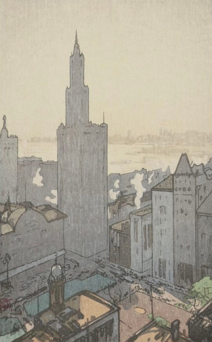 Hiroshi Yoshida (Japanese, 1876-1950) Print: Hiroshi Yoshida (Japanese, 1876-1950) Print. Niyu Yoruku (New York), "1928". 10.00 x 17.50 inches. Please be aware that all lots in our auctions are sold "AS IS," in accordance with the Terms &