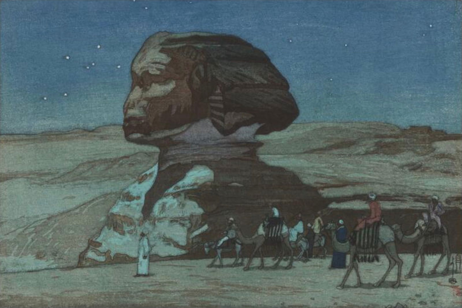 Hiroshi Yoshida (Japanese, 1876-1950) Print: Hiroshi Yoshida (Japanese, 1876-1950) Print. The Sphinx at Night, "1925". 55.00 x 37.00 inches. Bonded to fabric. Please be aware that all lots in our auctions are sold "AS IS," in accordance with