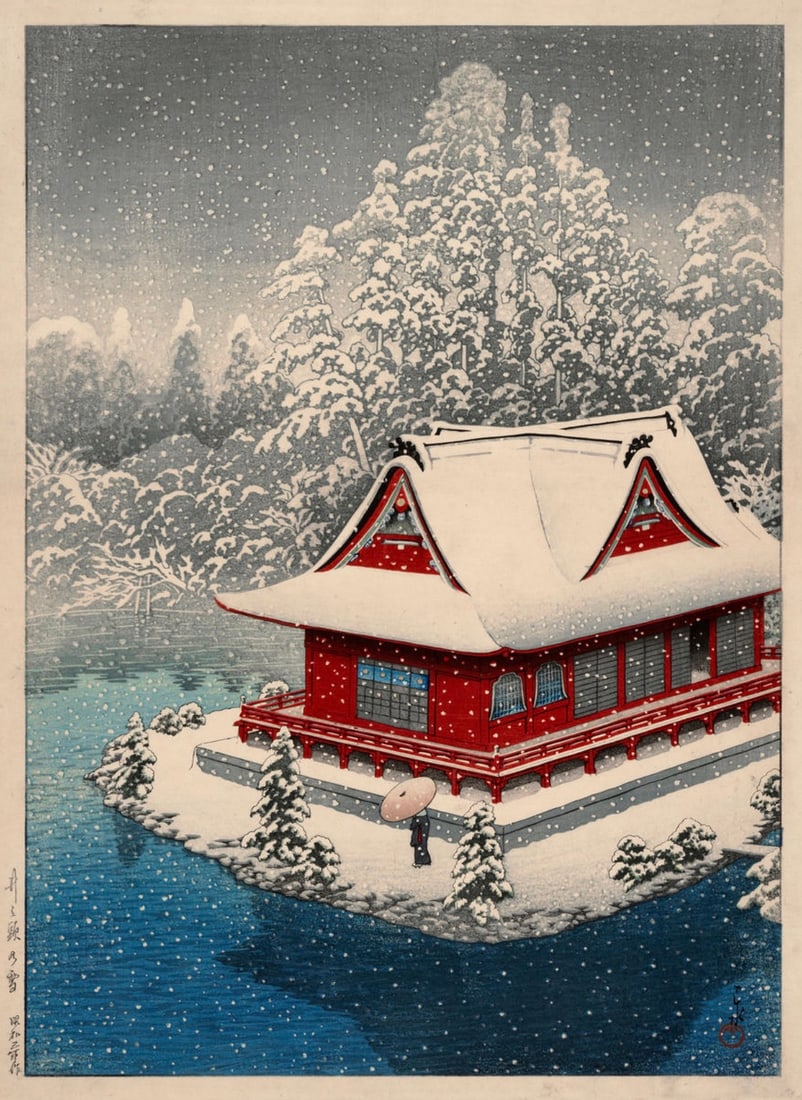 Kawase Hasui (Japanese, 1883-1957) Print: Kawase Hasui (Japanese, 1883-1957) Print. Inokashira No Yuki, "1928". Bonded to fabric. 28.75 x 38.00 inches. Please be aware that all lots in our auctions are sold "AS IS," in accordance with the