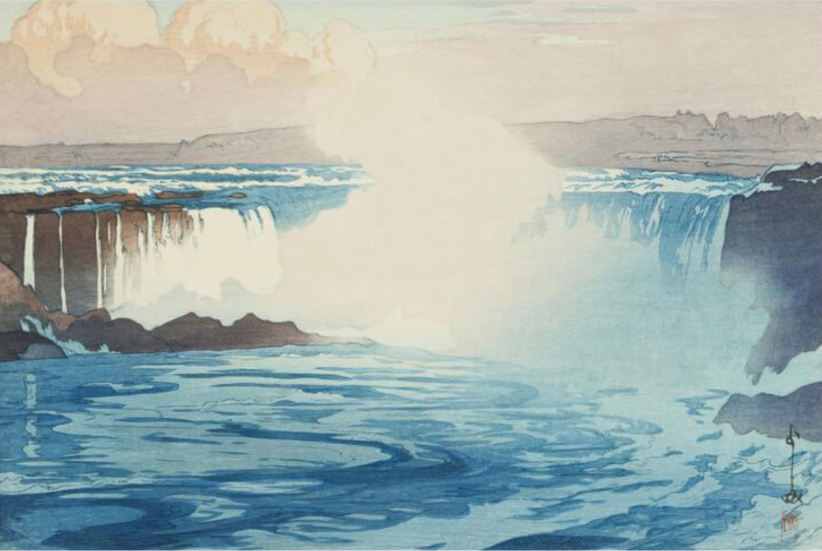 Hiroshi Yoshida (Japanese, 1876-1950) Print: Hiroshi Yoshida (Japanese, 1876-1950) Print. Niagara Falls, "1925". 55.50 x 36.75 inches. Bonded to fabric. Please be aware that all lots in our auctions are sold "AS IS," in accordance with the