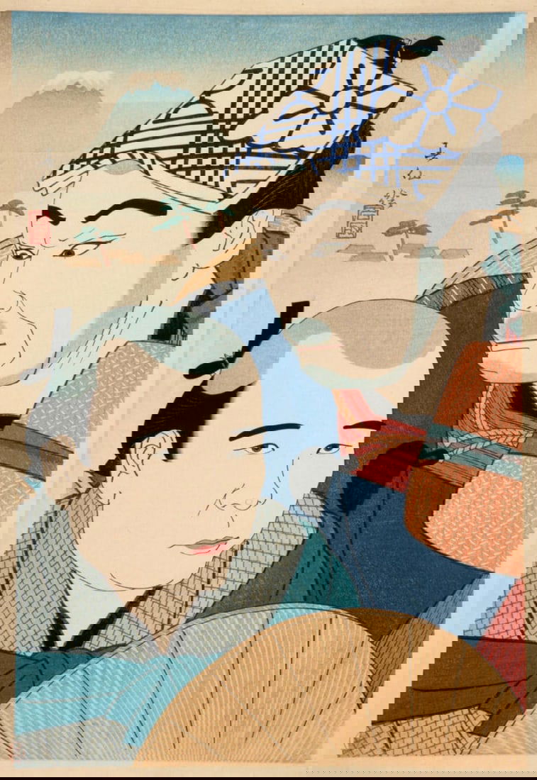 Natori Shunsen (Japanese, 1886-1960) Print: Natori Shunsen (Japanese, 1886-1960) Print. Soganoya Goro and Sognoya Choroku in the play Hizakurige, "1927". Bonded to fabric. 20.00 x 28.50 inches. Please be aware that all lots in our auctions are