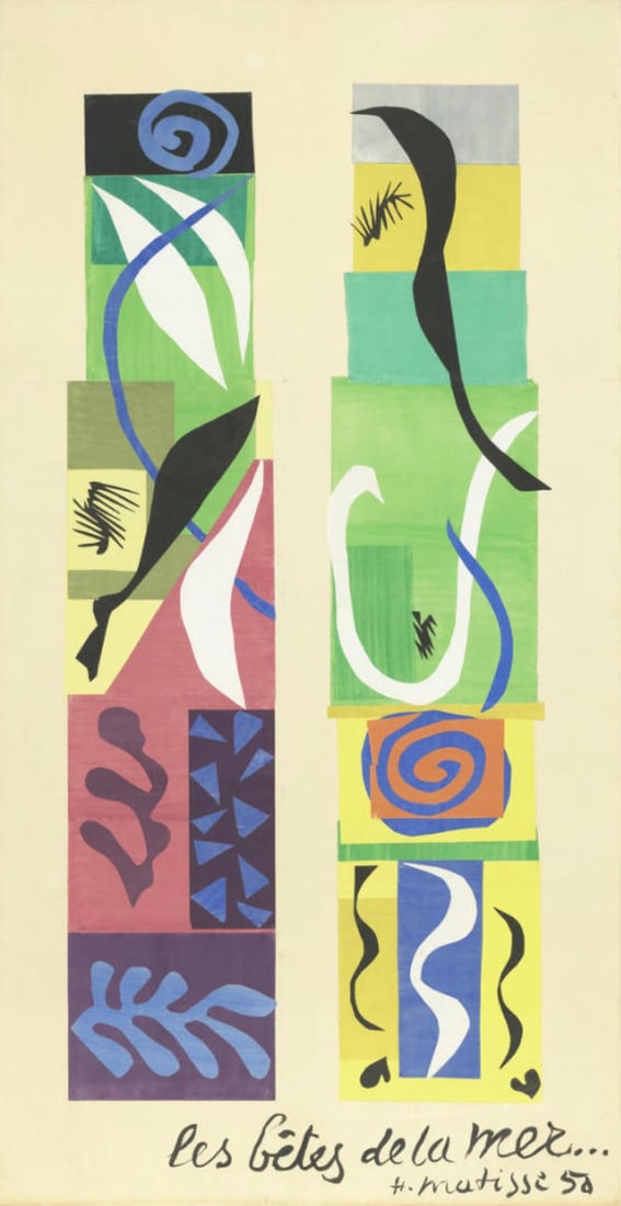After Henri Matisse (French, 1869-1954) Print: Henri Matisse (French, 1869-1954) Print. Beasts of the Sea, "1950". 8.00 x 15.75 inches. Bonded to fabric. Not hand-signed unless otherwise stated. Lots that contain nudity have been partially obscure