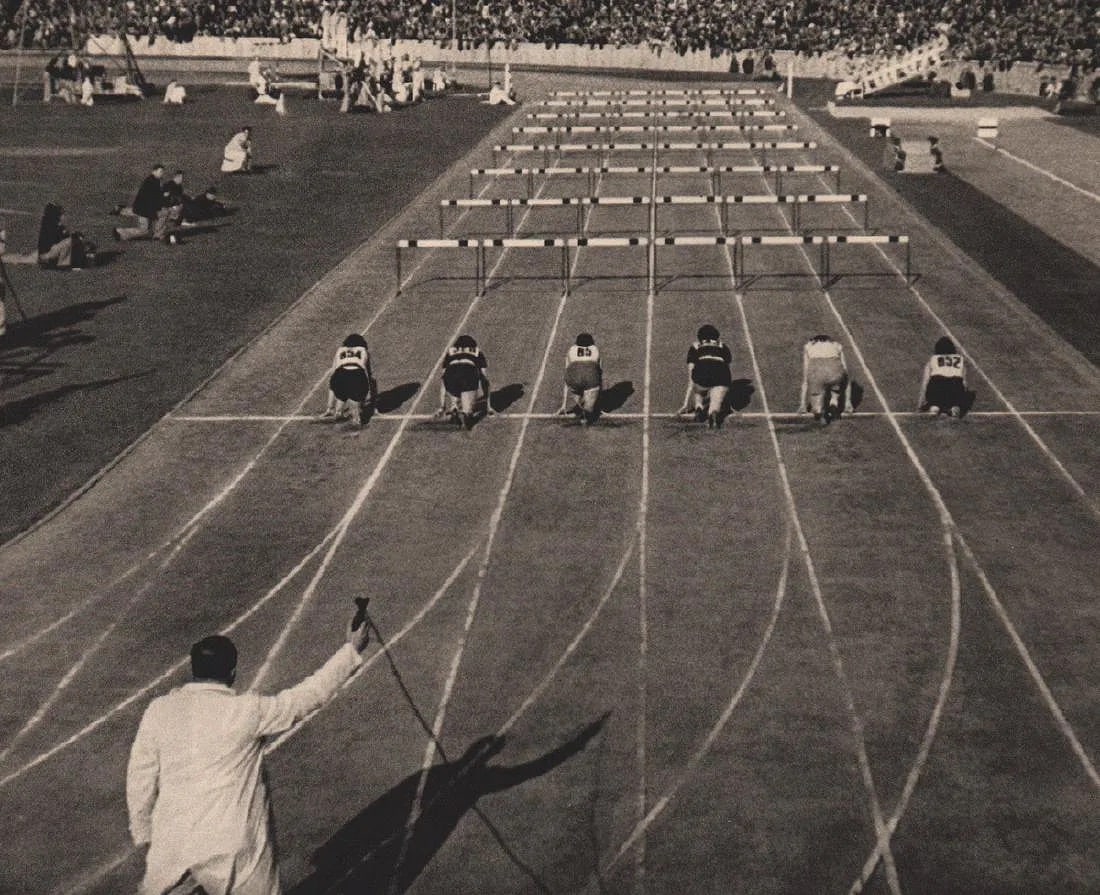 Leni Riefenstahl (German, 1902-2003 ) Print: Leni Riefenstahl (German, 1902-2003 ) Print. Start of the 80 m hurdle. Photogravure, Printed in 1937, Germany. 7.25 x 6.00 inches. Not hand-signed unless otherwise stated. Lots that contain nudity hav