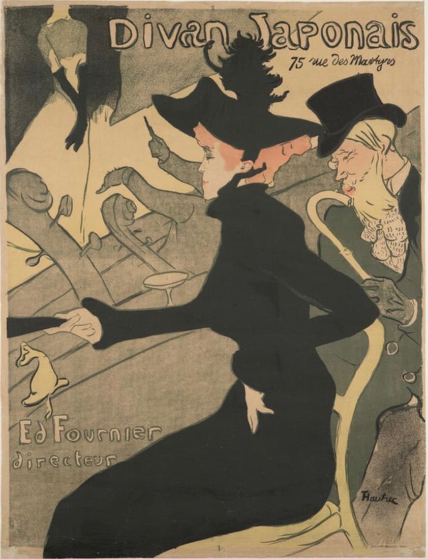 After Henri de Toulouse-Lautrec (French, 1864-1901) Poster: After Henri de Toulouse-Lautrec (French, 1864-1901) Poster. Le Divan Japonais, "Ed Fournier Directeur". 19.50 x 25.00 inches. Bonded to fabric. "1983". Not hand-signed unless otherwise stated.