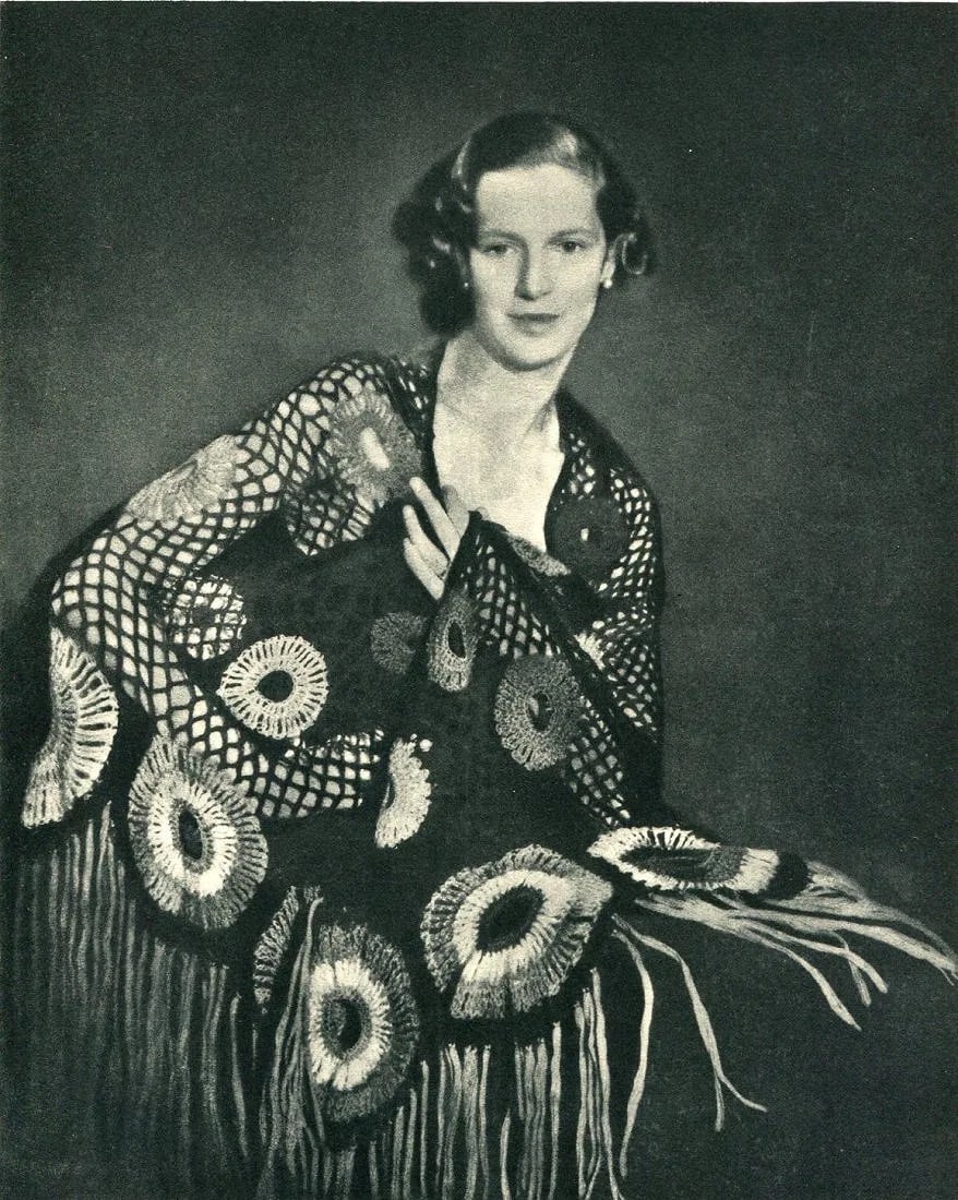 Helen Campbell Print: Helen Campbell Print. Shawl with Circles. Printed in 1937. 8" x 10.5" inches. Not hand-signed unless otherwise stated. Photomechanical Print. Lots that contain nudity have been partially obscured in