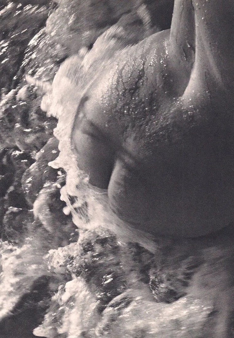 Lucien Clergue (French, 1934-2014) Print: Lucien Clergue (French, 1934-2014) Print. Nude, Waves. Printed in 1964. 6.5" x 9" inches. Not hand-signed unless otherwise stated. Photomechanical Print. Lots that contain nudity have been partially