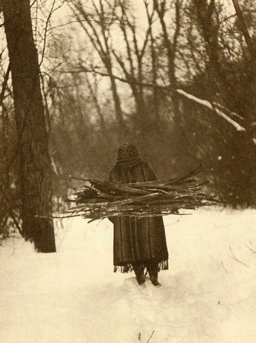 Edward S. Curtis (American, 1868-1952) Print: Edward S. Curtis (American, 1868-1952) Print. Wood Gatherer - Sioux. Printed in 1973. 7.5" X 10" inches. Not hand-signed unless otherwise stated. Photomechanical Print. Lots that contain nudity have