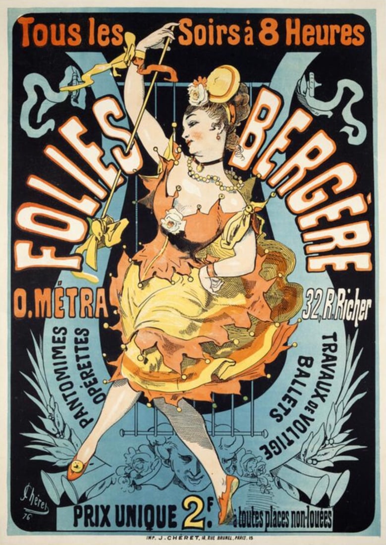 After Jules Cheret (French, 1836-1932) Poster: After Jules Cheret (French, 1836-1932) Poster. Tous les Soirs a 8 Heures, Folies Berger, O. Metra, "1876". 18.00 x 24.75 inches. Bonded to fabric. Not hand-signed unless otherwise stated. Photomechani