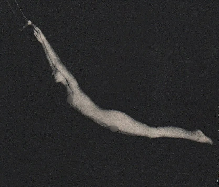 Fred P Peel Print: Fred P Peel Print. Trapeze. Printed in 1935. 8" X 7" inches. Not hand-signed unless otherwise stated. Photomechanical Print. Lots that contain nudity have been partially obscured in the listing;