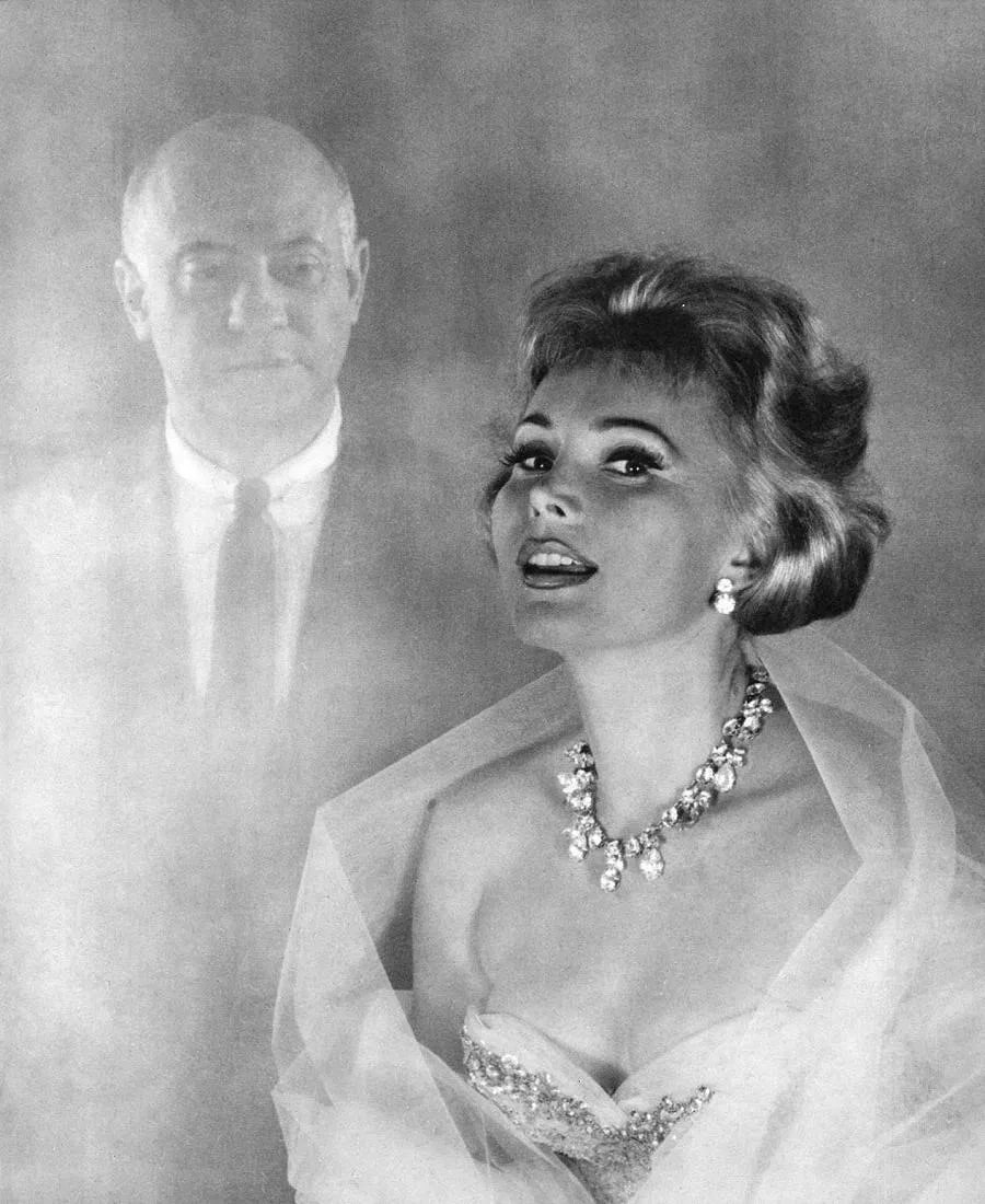 Philippe Halsman (American, 1906-1979) Print: Philippe Halsman (American, 1906-1979) Print. Zsa Zsa Gabor & ghost writer. Printed in 1959. 9 x 10 inches. Not hand-signed unless otherwise stated. Photomechanical Print. Lots that contain nudity