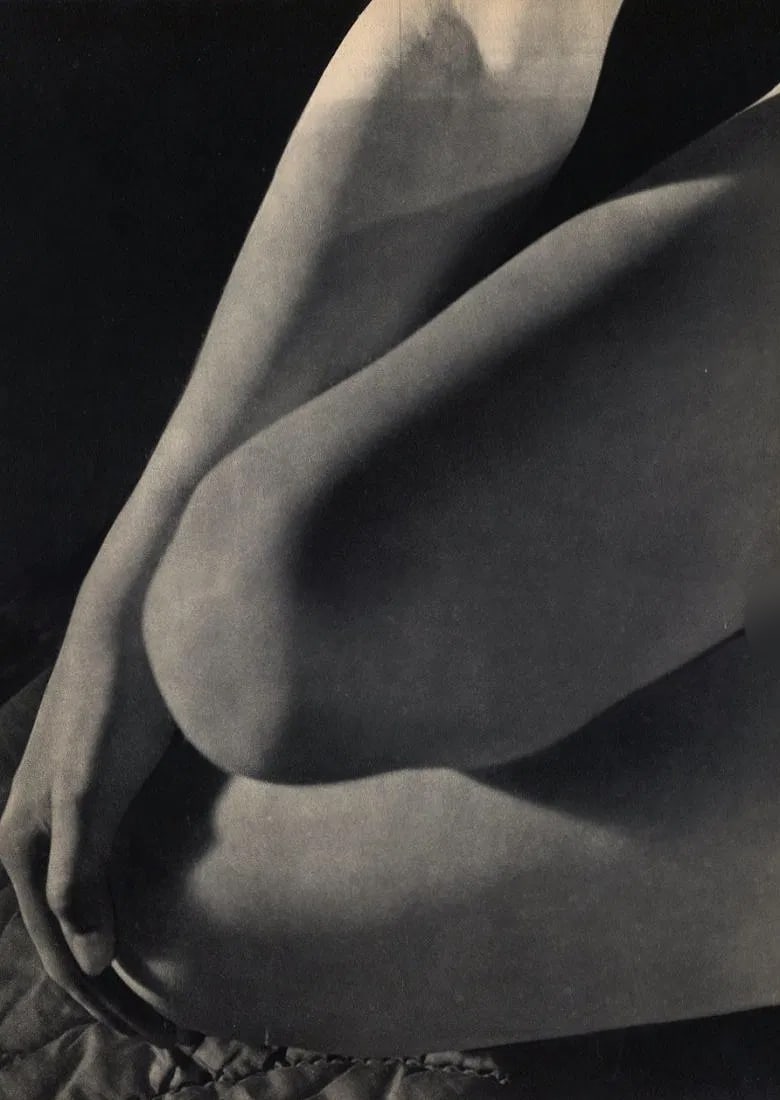 Jahan Print: Jahan Print. Woman Knees. Printed in 1948. 9 x 13 inches. Not hand-signed unless otherwise stated. Photomechanical Print. Lots that contain nudity have been partially obscured in the listing; unblurre