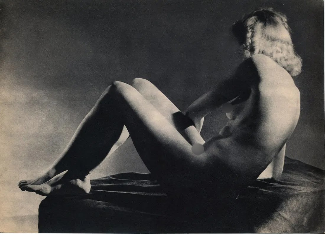 Jean Robert Print: Jean Robert Print. Woman Nude On Bed. Printed in 1948. 9 x 13 inches. Not hand-signed unless otherwise stated. Photomechanical Print. Lots that contain nudity have been partially obscured in the
