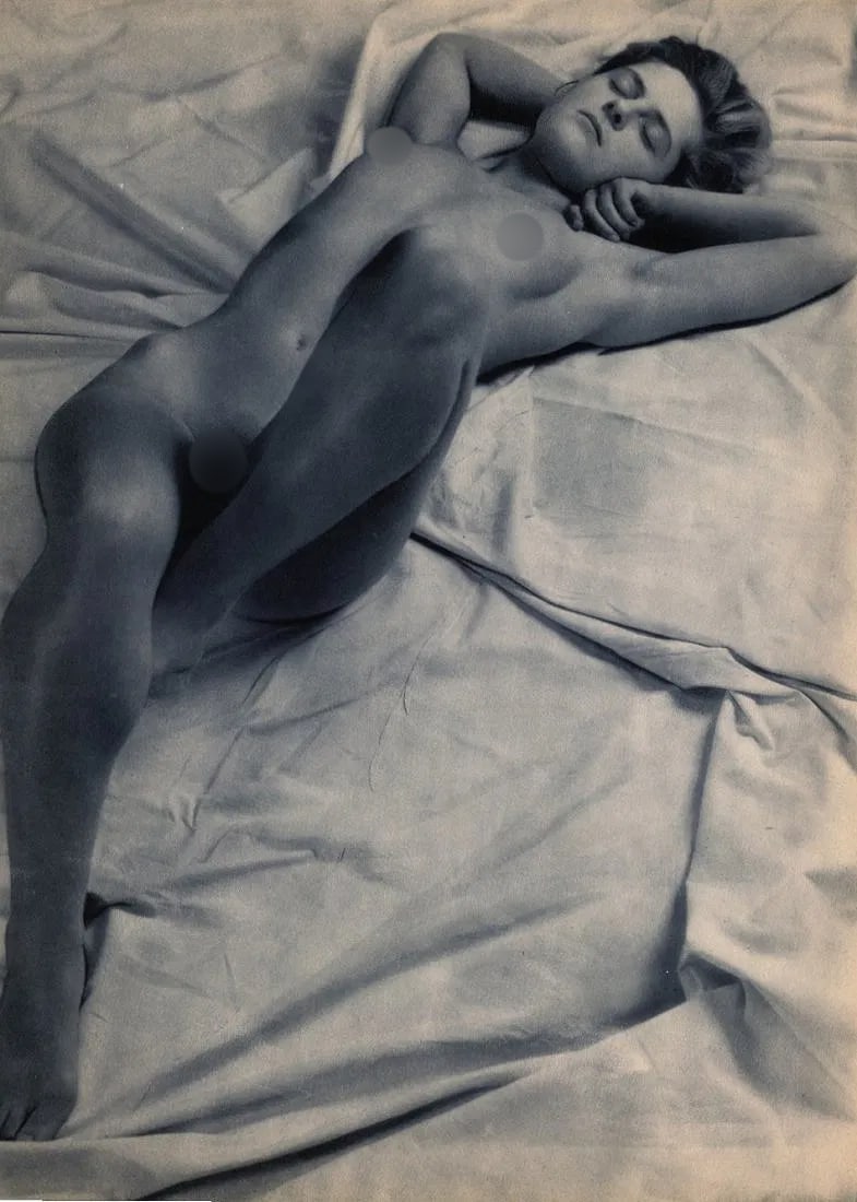 Sougez (French, 1889-1972) Print: Sougez (French, 1889-1972) Print. Woman Nude Reclining. Printed in 1948. 9 x 13 inches. Not hand-signed unless otherwise stated. Photomechanical Print. Lots that contain nudity have been partially