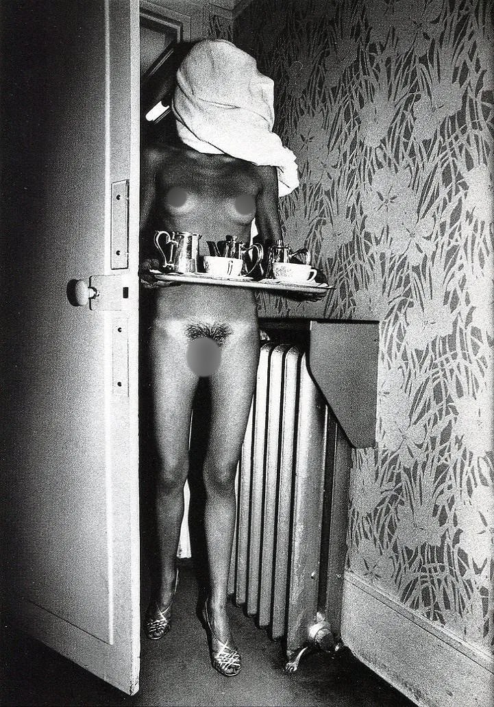 David Bailey Print: David Bailey Print. breakfast tray - nude. Printed in 1977. 7 x 10 inches. Not hand-signed unless otherwise stated. Photomechanical Print. Lots that contain nudity have been partially obscured in the