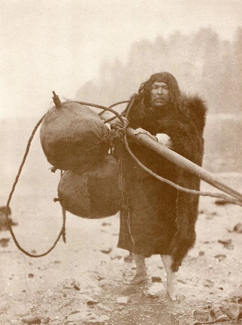 Edward S Curtis (American, 1868-1952) Print: Edward S Curtis (American, 1868-1952) Print. Makah Whaler - Vintage Gravure. Printed in 1972. 6 x 9 inches. Not hand-signed unless otherwise stated. Photomechanical Print. Lots that contain nudity hav