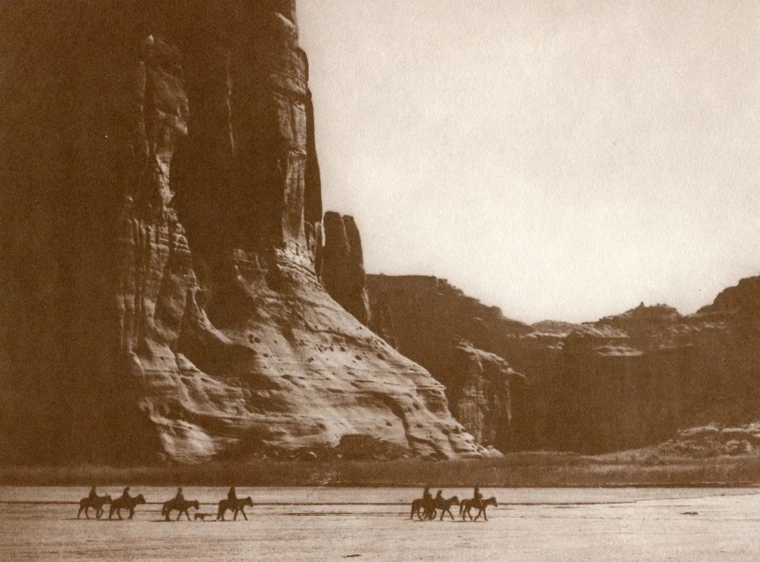 Edward S Curtis (American, 1868-1952) Print: Edward S Curtis (American, 1868-1952) Print. Canyon de Chelly (Navaho. Printed in 1972. 6 x 9 inches. Not hand-signed unless otherwise stated. Photomechanical Print. Lots that contain nudity have