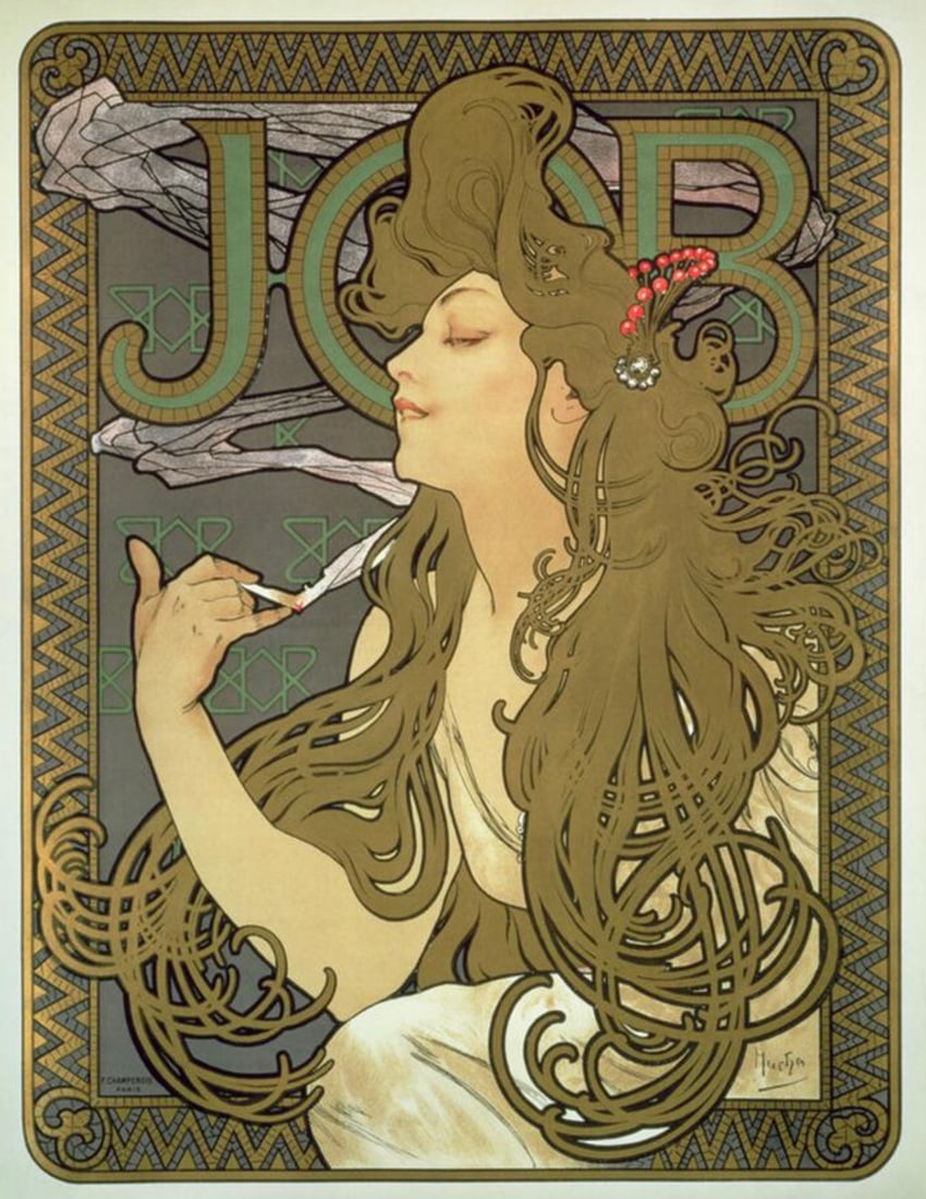 After Alphonse Mucha (Czech, 1860-1939) Print: After Alphonse Mucha (Czech, 1860-1939) Print. Cigarette, "1896". Bonded to fabric. Plate marked, not hand signed. 28.50 x 36.50 inches. Not hand-signed unless otherwise stated. Photomechanical Print.