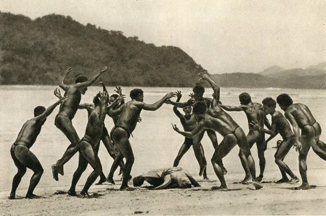 Hugo Adolf Bernatzik (Austrian, 1897-1953) Print: Hugo Adolf Bernatzik (Austrian, 1897-1953) Print. Salomon Island Tortise Dance. Printed in 1934. 6.50 x 4.00 inches Not hand-signed unless otherwise stated. Photomechanical Print. Lots that contain nu
