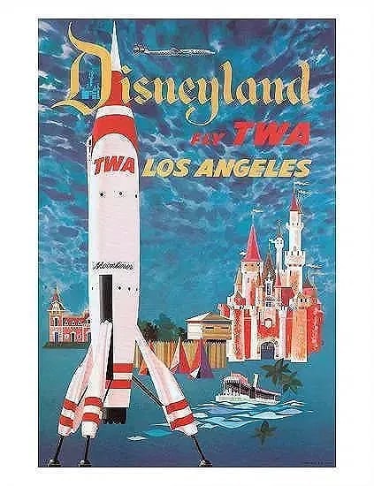After David Klein (American, 1918-2005) Disneyland Poster: After David Klein (American, 1918-2005) Poster. Disneyland, Fly TWA, Los Angeles. Bonded to fabric. Not hand-signed unless otherwise stated. Photomechanical Print. Lots that contain nudity have been p