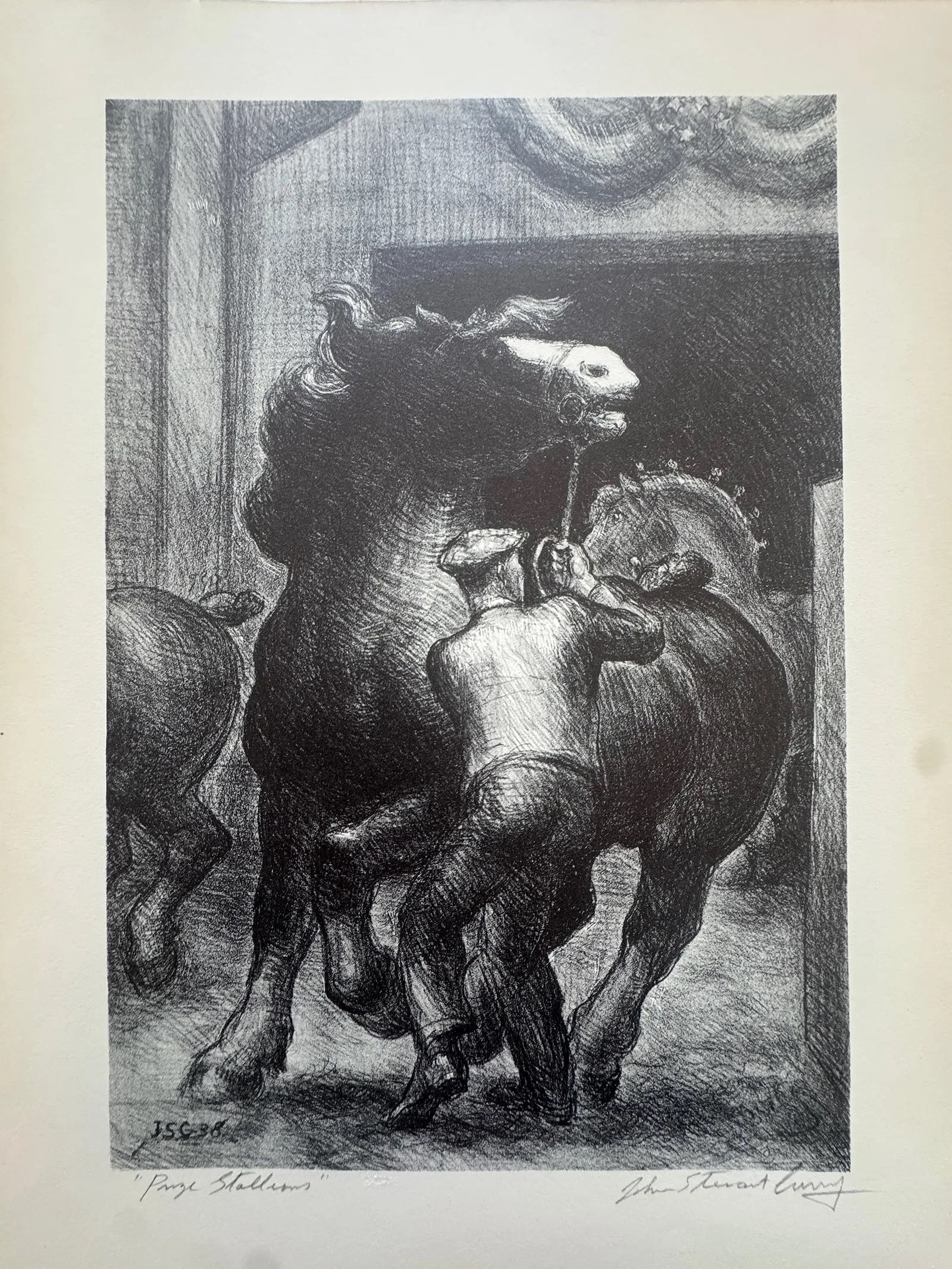 John Steuart Curry (American, 1897-1946) Print: John Steuart Curry (American, 1897-1946). Prize Stallions, "1932" Print. 12.60 x 9.50 inches. Signed in the plate. Printed in 1939. Not hand-signed unless otherwise stated. Photomechanical Print.