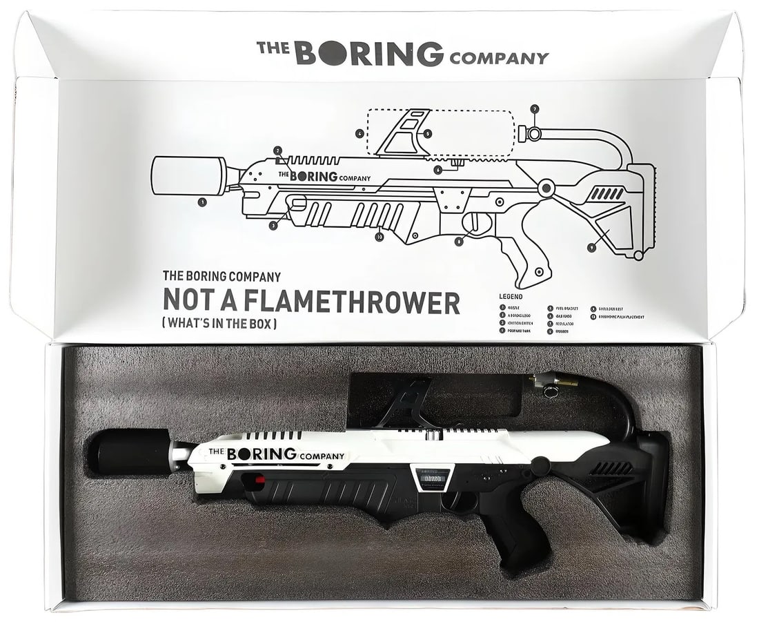 The Boring Company, Not a Flamethrower: The Boring Company, Not a Flamethrower. Comes with original box. Not tested. Not hand-signed unless otherwise stated. Photomechanical Print. Lots that contain nudity have been partially obscured in th