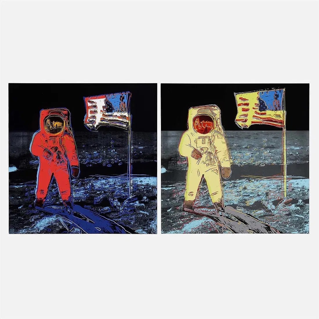 Set of After Andy Warhol (American, 1928-1987) Screenprints: After Andy Warhol (American, 1928-1987). Moonwalk set of two works. Screenprint, "1987". 38.00 x 38.00 each. Rupert Jasen Smith, New York with Blindstamp. Marked and embossed. Not hand-signed unless